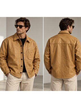 BARON Men's Genuine Leather Shirt Jacket Tan Brown Button Front L/XL